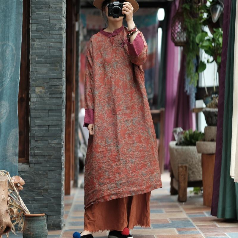 Johnature Spring Summer Women Collar Print Chinese Style Vintage Dress Color Blocking Long Sleeve Dresses