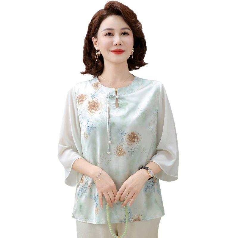 Women's Summer Chiffon Blouse: New Chinese Style, National Influence T-Shirt for Middle-Aged & Elderly with Seven Sleeves.