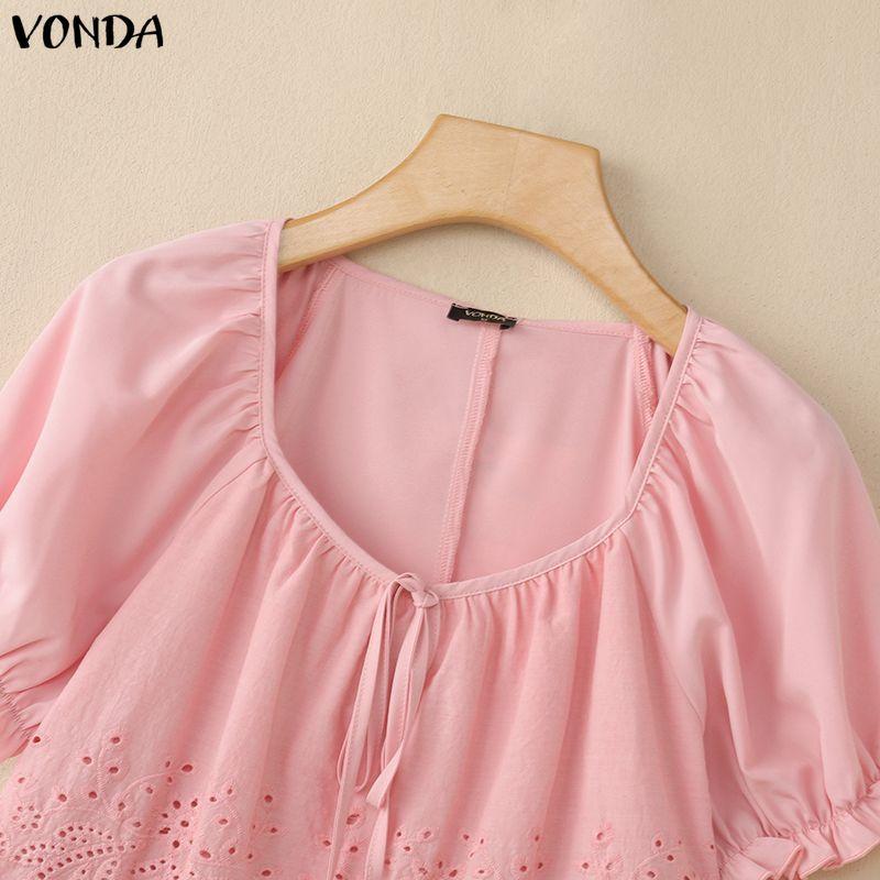 VONDA Camicie Bluse Casual Estive da Donna con Scollo a U, Intreccio di Pizzo all'Uncinetto sul Davanti, Manica Corta