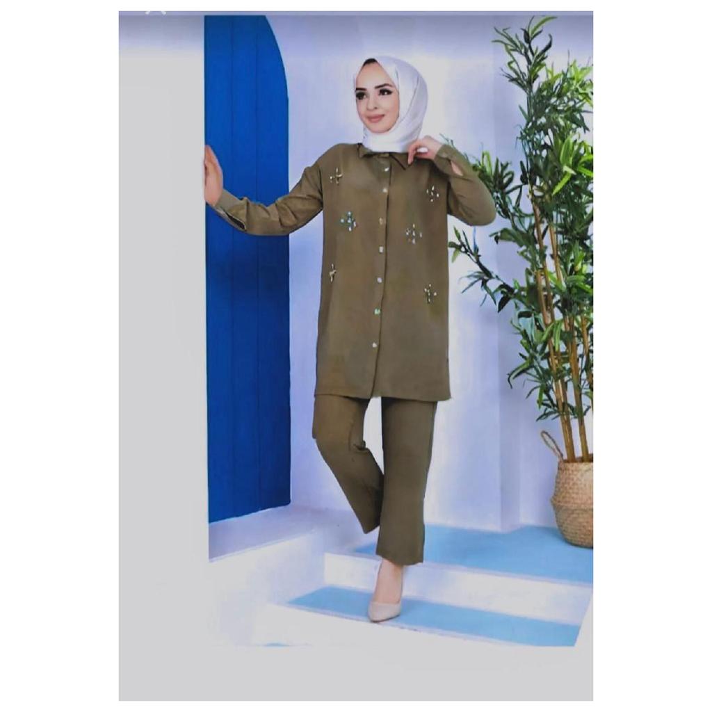 Women's Black Color Linen Shirt Collar Buttoned Bottom Top Set