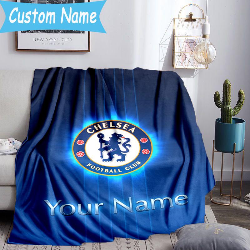 Custom Name Chelsea Football Club Crest Flannel Blanket, Use for Birthday/Holiday Gift, Soft Blanket for Sofa/Bed/Camping/Office, Home Decor