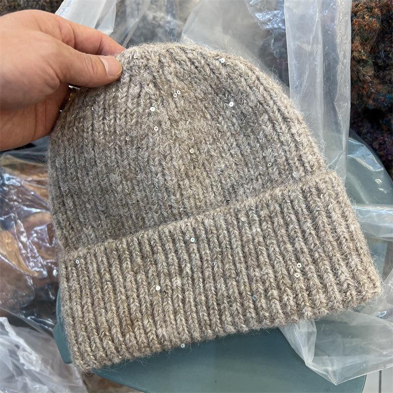 

Простая вязаная шерстяная шапка из смесовой шерсти, женская модная шапка с серебристыми пайетками и защитой для ушей, теплая шапка от холода Average size 54-59