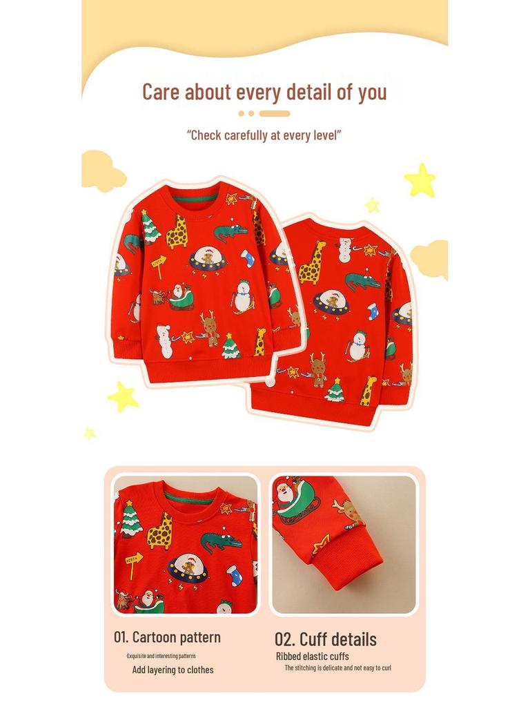 25 Outono Estilo Europeu e Americano Menino Infantil Desenho Natal Gola Redonda Pulôver Moletom