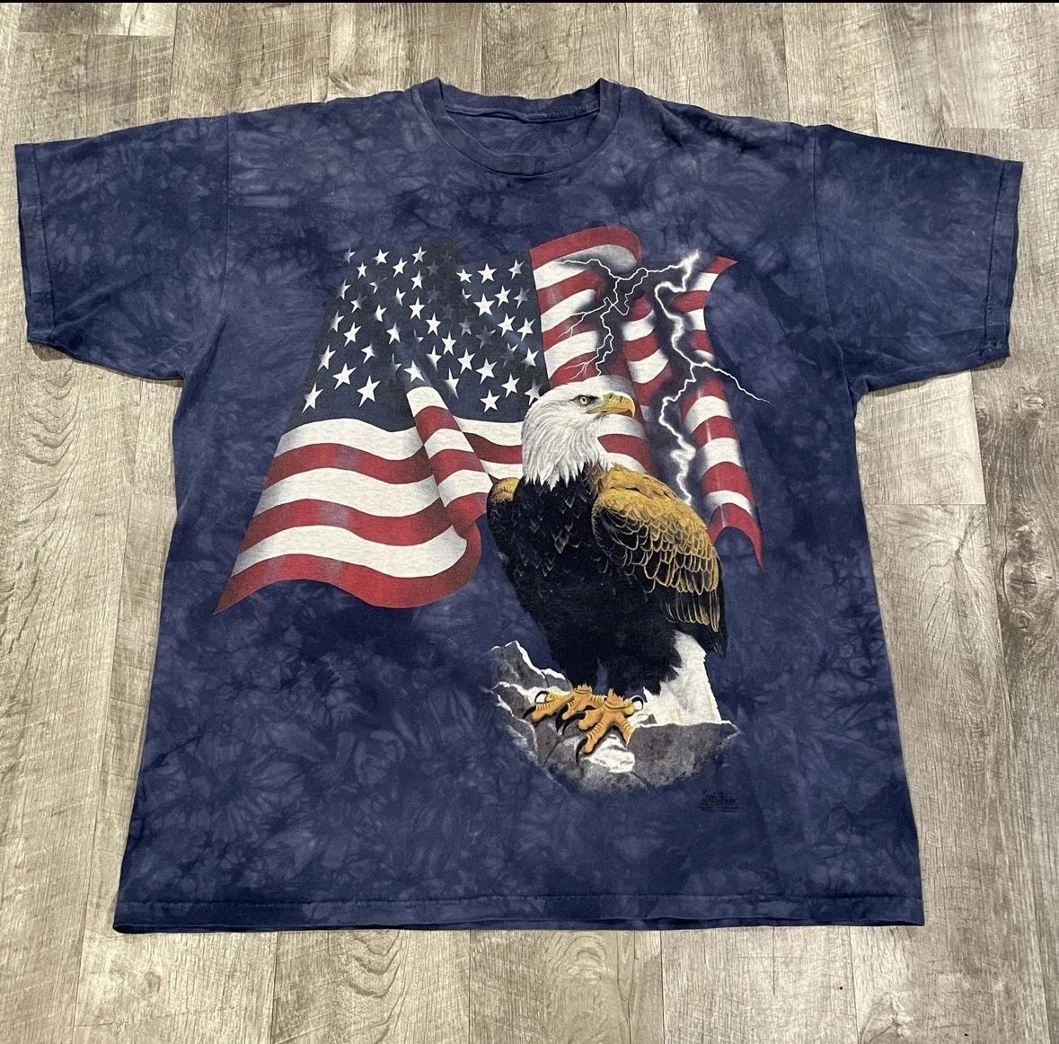 Vintage The Mountain T Shirt Eagle American Flag USA Patriotic Mens XL Blue Y2K S