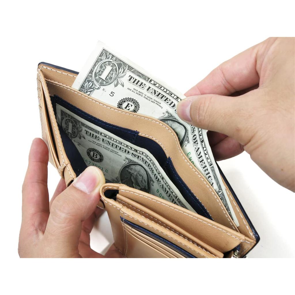 Baggy Port Half Wallet, Indigo-Dyed Leather with Straight Embossed Pattern, Men's and Women's Unisex Bifold Wallet ZYS-296 (Dark Blue)