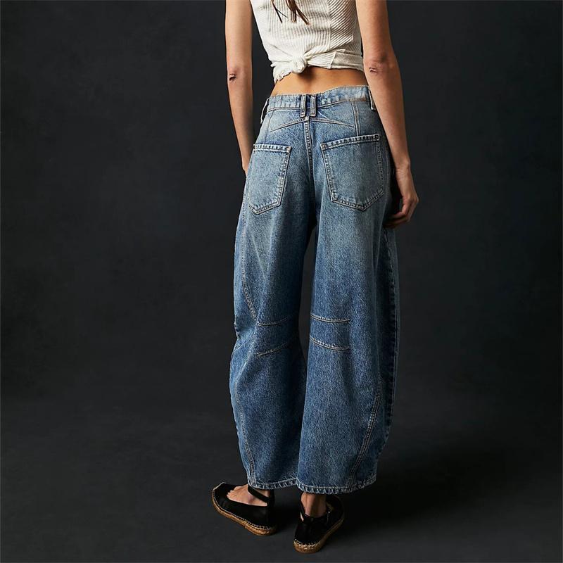 Women Vintage American Style Denim Jeans Knee Splicing Design Straight Pants Female Commuter Casual Loose Mid Waist Trousers