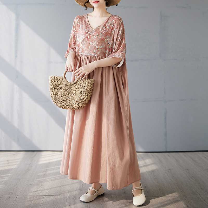 Cotton and Linen Summer Patchwork Retro Style Dress Long Skirt