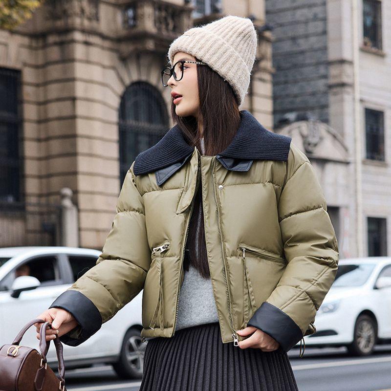 Fashion European Lapel Cotton Coat Women Winter Short Padded Jacket Knit Thick Stitching