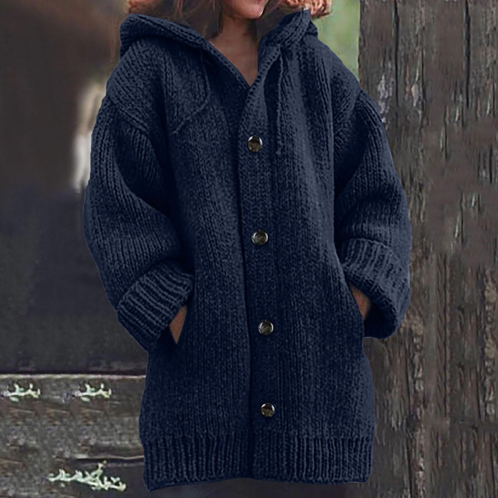 

Женская повседневная теплая свободная толстовка с капюшоном на пуговицах, вязаный джемпер, длинные топы, блузка, свитер L тёмно-синий