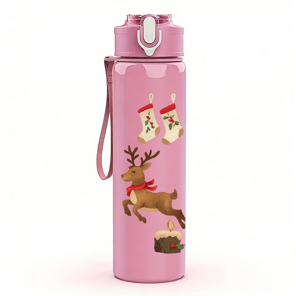 1PC Christmas Santa Deer Pattern 750ml Color Plastic Sports Water Bottle Leakproof Flip Straw Lid Suitable for Sports Office Home Use