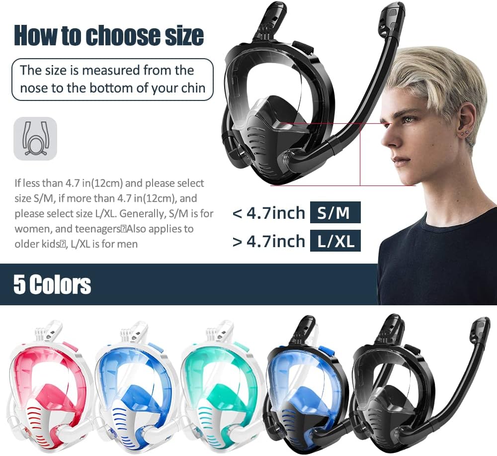 Full Face Snorkel Mask 180° Panoramic Anti Leak Anti-Fog Diving Mask Free Breathing Dry Top System Swimming Snorkeling Mask for Adults Teenagers