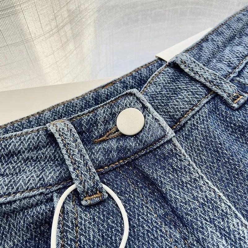 Blue Straight Leg Jeans Women Spring Autumn High Waist Loose Fit Wide Pants