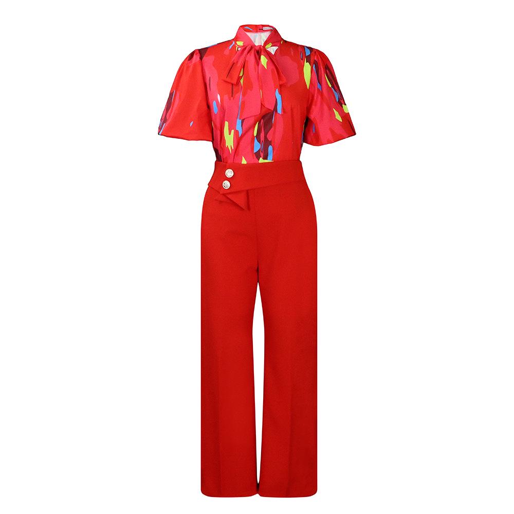 D341 European/American Summer Printed Stand-Up Collar Long Sleeve Shirt & Wide-Leg Pants Two-Piece Fashion Suit