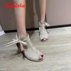 Aphixta Summer Peep Toe Cool Women Boots Sandals Lace-up Square Heels Narrow Band Rosette Shoes Plus Size 43