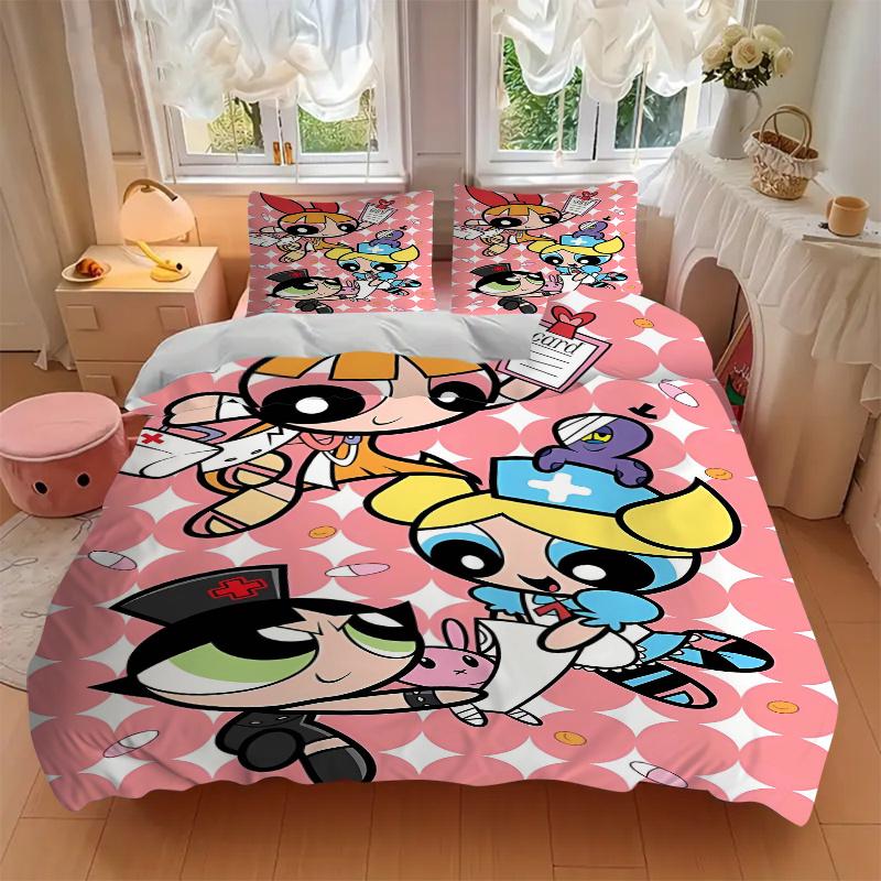 3pcs Powerpuff Girls Printed Quilt Set - Includes 1 Quilt Cover and 2 Pillowcases, Machine Washable - Suitable for All Seasons.F068