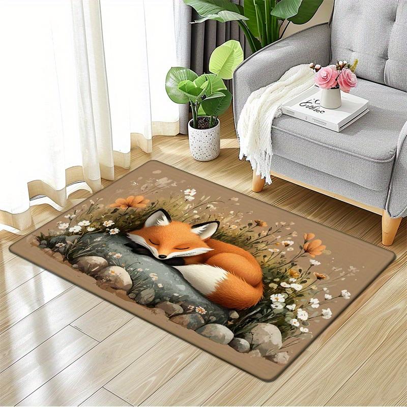 1pc Non-Slip Floor Mat - Cute Fox & Floral Doormat, Machine Washable Soft Polyester Mat for Entryway, Living Room, Bedroom - Rus
