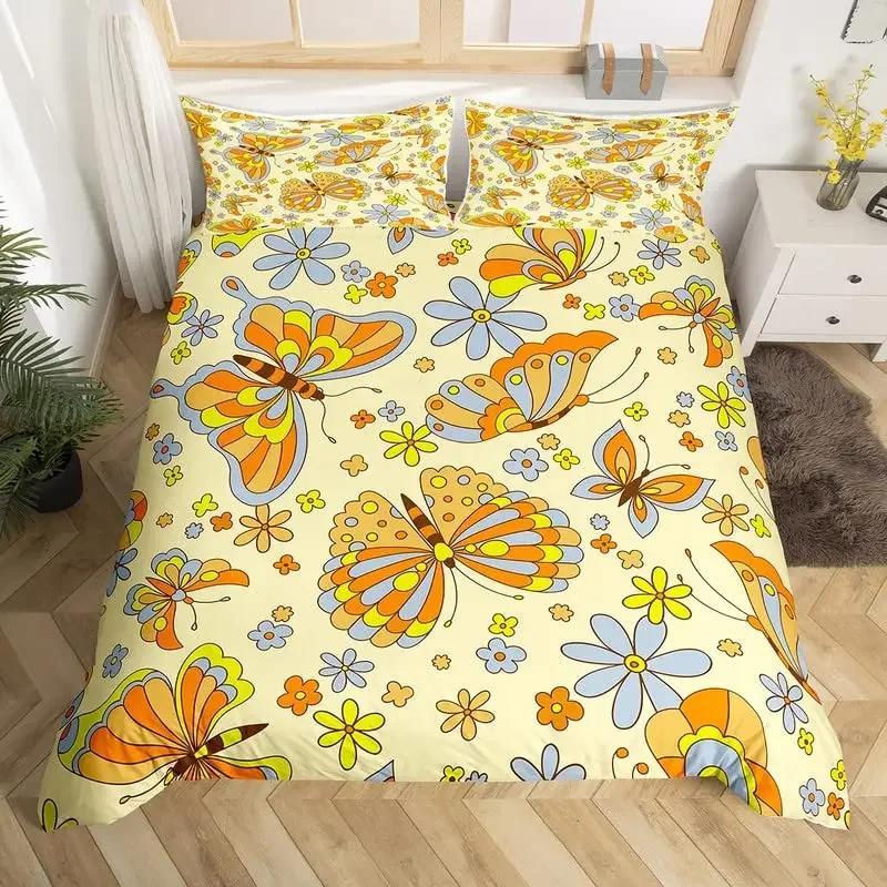 

Retro Hippie Heart Duvet Cover Set Abstract Flower Bedding Set Microfiber Colorful Comforter Cover Twin King Size For Girls Boys AU King(245*210cm)3pcs