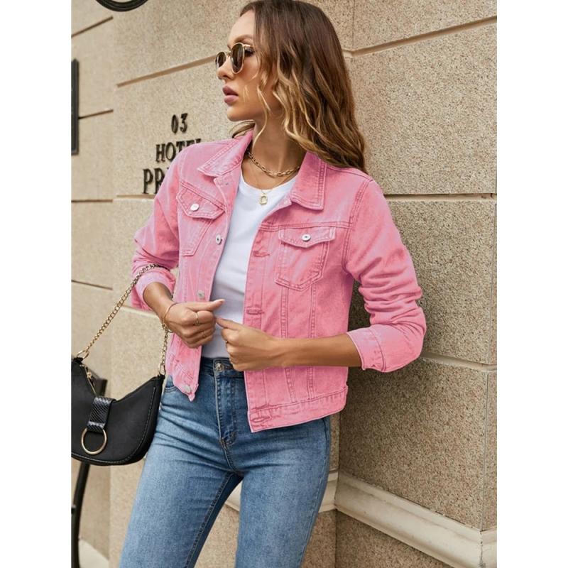 Women's Fashion Denim Button Jacket Solid Color Plus Size Long Sleeved Short Coat