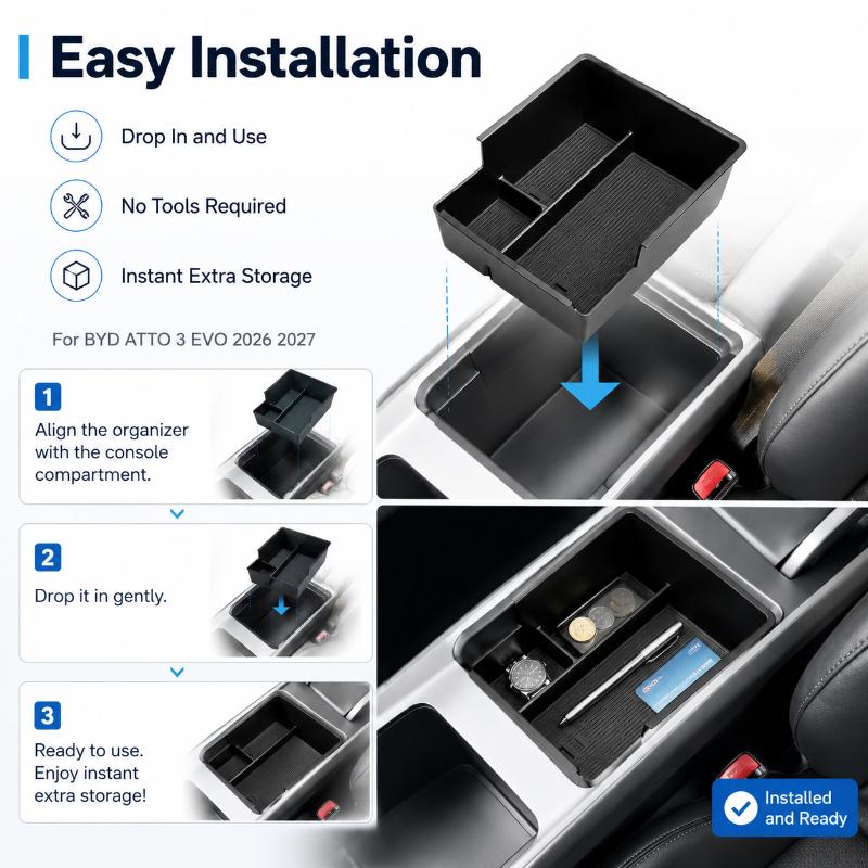Armrest Storage Box,For BYD Atto 3 Evo Accessories 2026,Thickened Hard Plastic Anti-Vibration Pressure-Resistant Waterproof