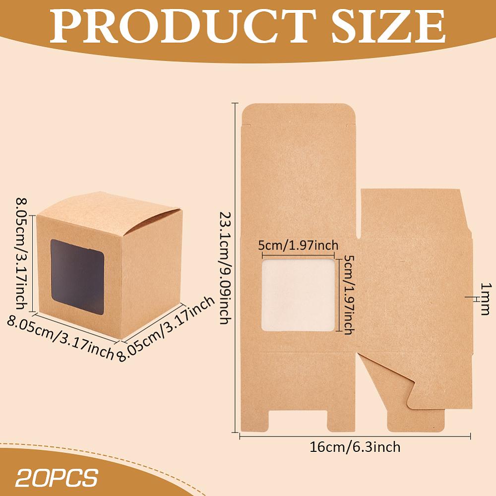 20pcs Kraft Paper Candy Boxes with PVC Clear Window for Party Wedding Baby Shower Square BurlyWood 8.05x8.05x8.05cm