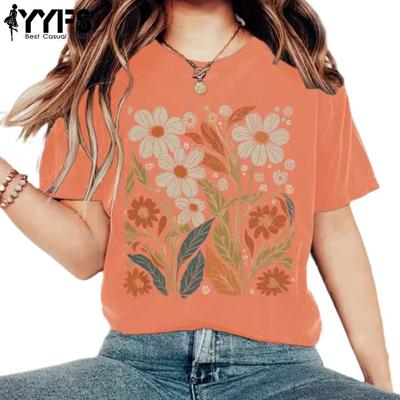 Women's Fashion Casual Summer Spring Flower Pattern Print Short Sleeve O-Neck Blouses & Shirts