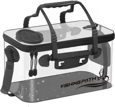 FISHING PATH Fishing Bucket, Transparent, 35cm [See Fish At a Glance] Fishing Bucket with Spring Cover, Pump Holder, Non-Slip Bottom, Shoulder Strap,