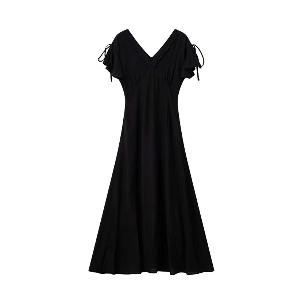 Hepburn Style Black V-neck Dress Children's Summer New French Small Flying Sleeves Huge Good-looking Pinched Waist Dress
