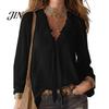 Skin-friendly Fabric Tops Women Chiffon Tops, Ruffle Splicing Collar V-Neck Blouse, Pure Color Loose Fit Summer Breathable Shirt Shirt, Lantern