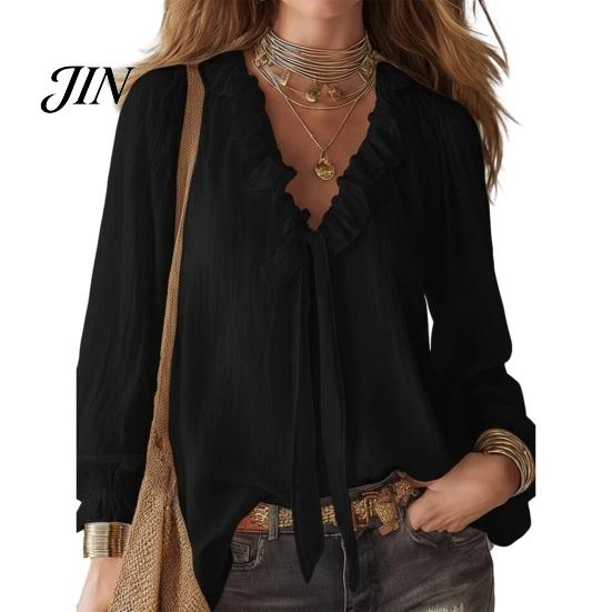 Skin-friendly Fabric Tops Women Chiffon Tops, Ruffle Splicing Collar V-Neck Blouse, Pure Color Loose Fit Summer Breathable Shirt Shirt, Lantern