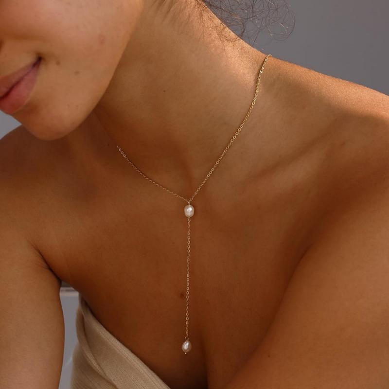 Imitation Pearl Long Tassel Pendant Necklace for Women Simple Metal Thin Chain Design Sense Clavicle Chain Jewelry Gift