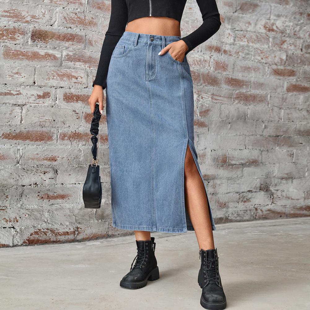 Summer Midi Skirt Button Zipper Fly Side Slit Design Denim Skirt with Pockets Retro Summer Denim Casual Skirt Daily Wear