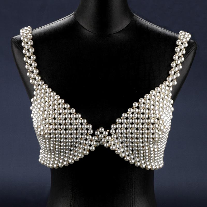 Elegant Strapless Pearl Embellished Vest with Body Chain