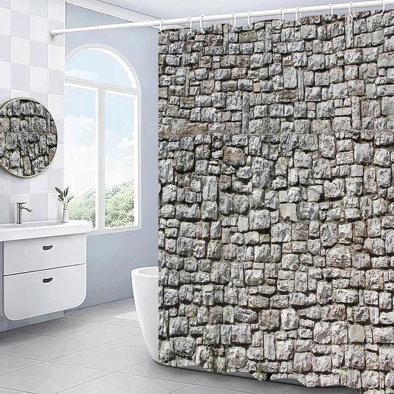 3D Kamenná zeď Sprchový závěs Vintage Starý Koupelnový závěs Rustikální Venkovská Koupelnová dekorace s háčky Polyesterová Tkanina Pratelná Látka