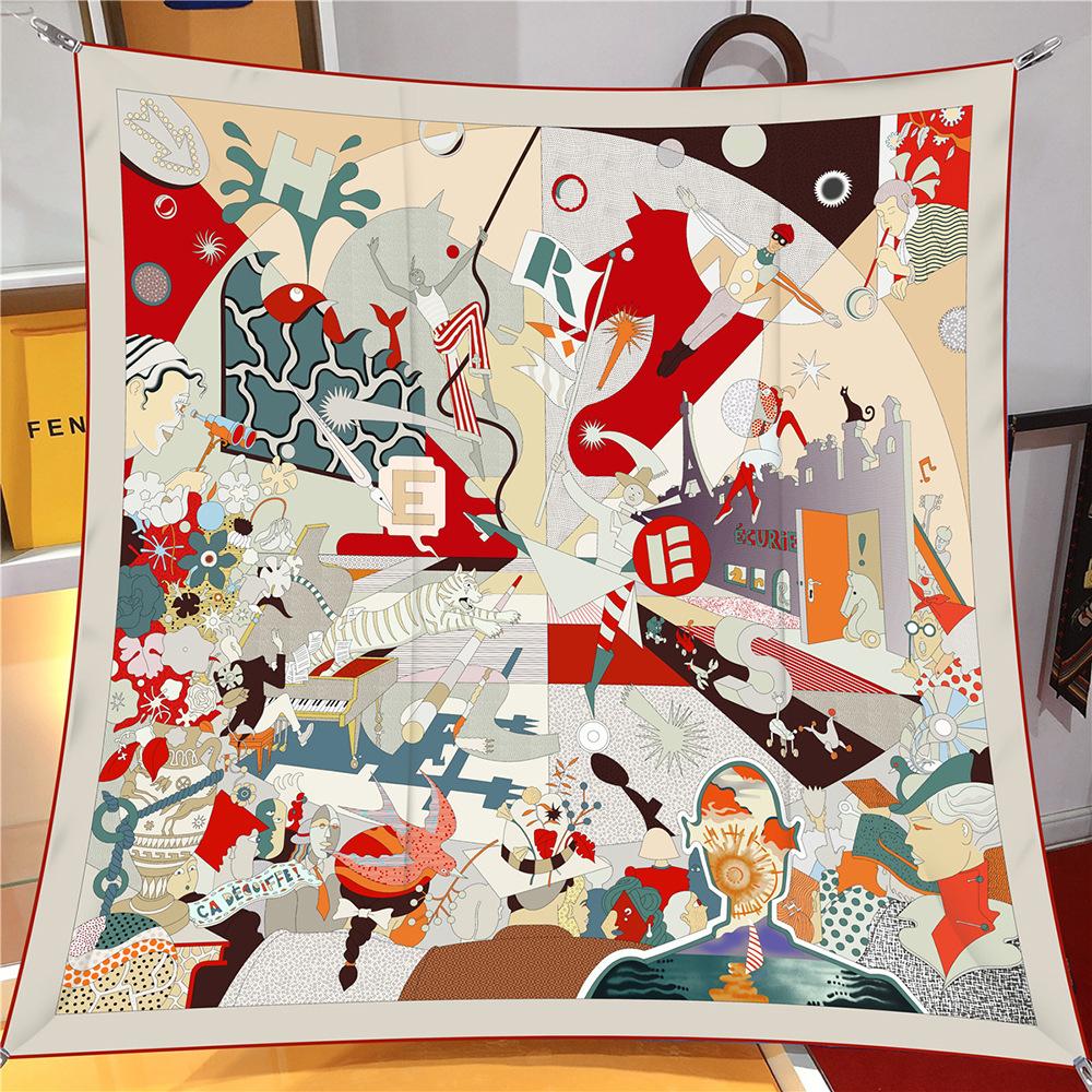 Twill Silk Scarf Shawl Brand Cartoon Circus Performance Square Scarf Women Hijabs Bandana Foulard Neckerchief Head Scarves