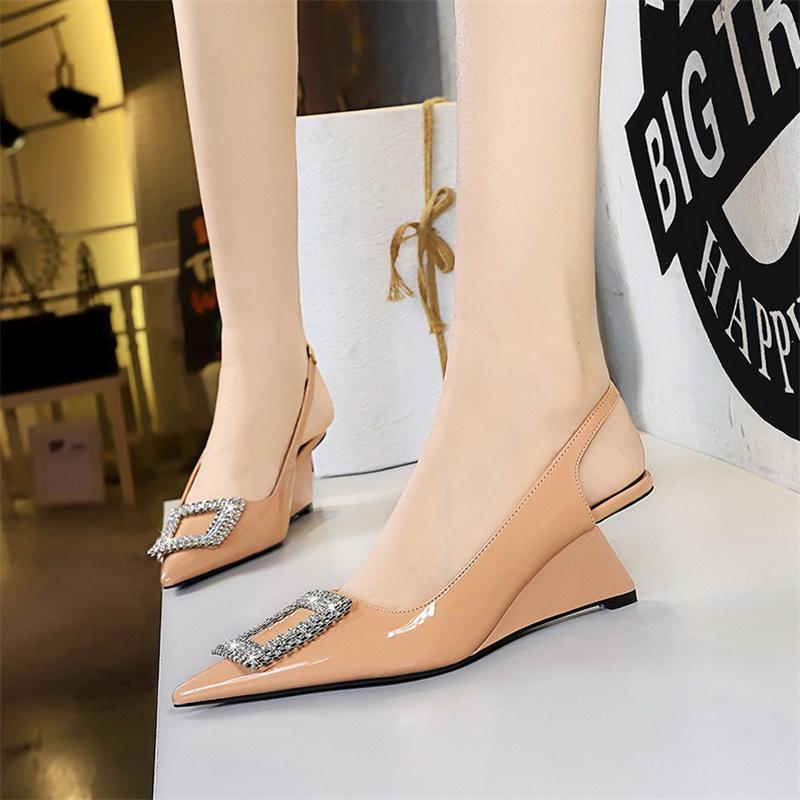 Fashion Patent Leather Shallow Mouth Pointed Toe Hollow Back Strap High Heels Shoes Rhinestone Buckle Wedges  Lady Pumps