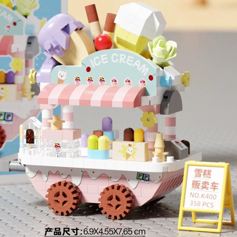 NEW DIY Selling Car Food Truck Fruit Ice Cream Store Flower Street View Building Blocks Kit Girls Bricks Model Kids Toy Children
