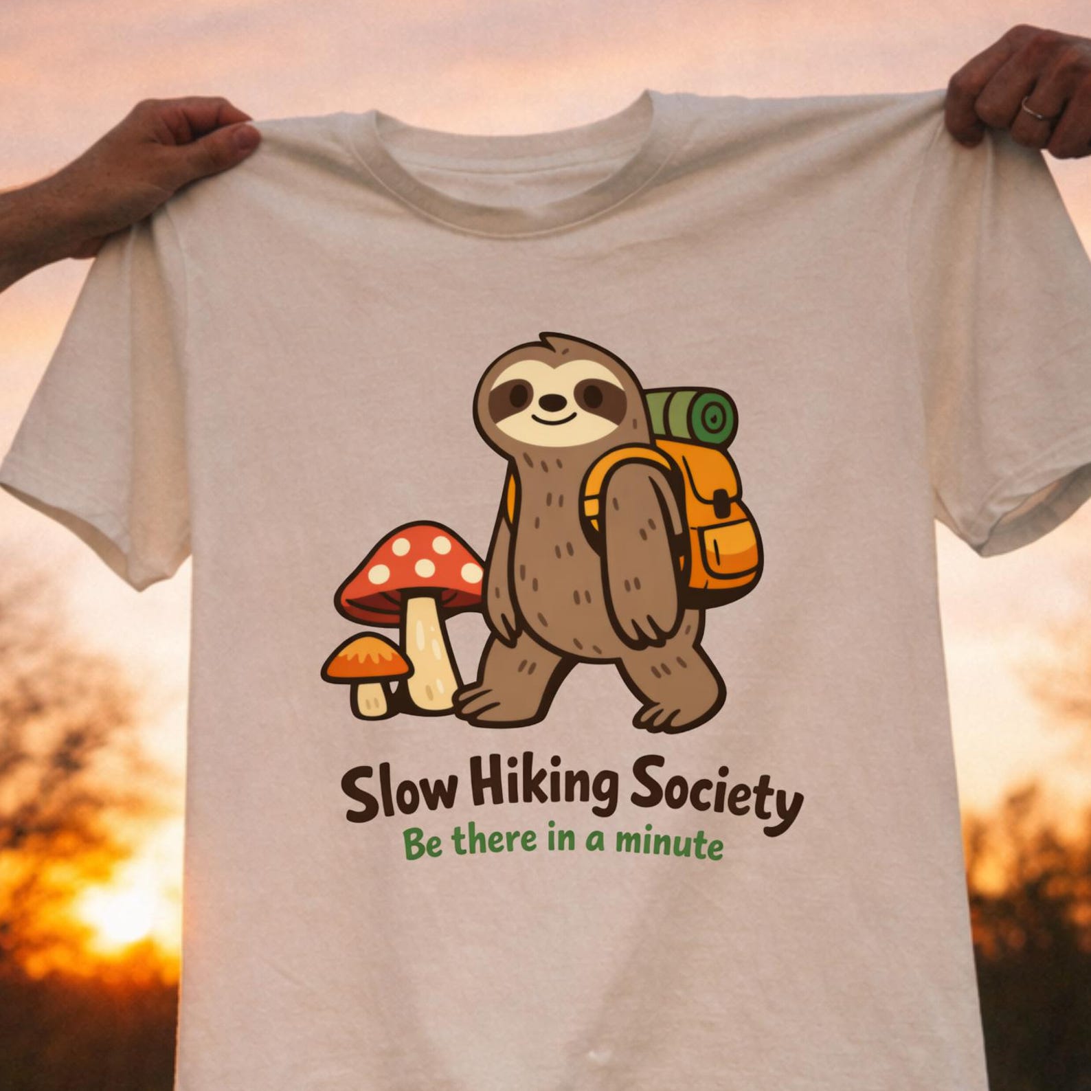Slow Hiking Society Shirt, Funny Sloth Hiking Tee, Cute Sloth Backpack T-Shirt, Nature Lover Gift, Hiking Humor Shirt, Be There In A Minute. M