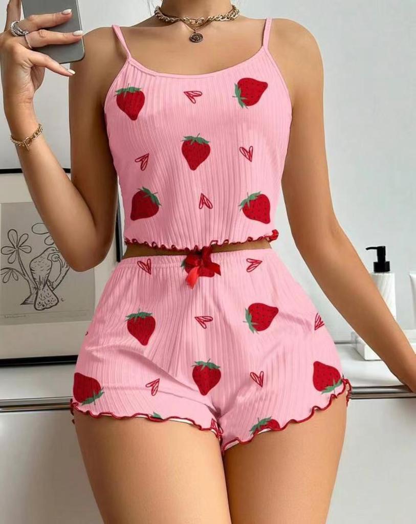 Women's Ribbed Knit Heart Print Camisole Pajama Set - Tank Top & Shorts Two-Piece
