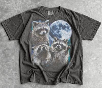 Three Raccoons Moon Graphic T-Shirt, Celestial Wildlife Tee, Trash Panda Lover Shirt