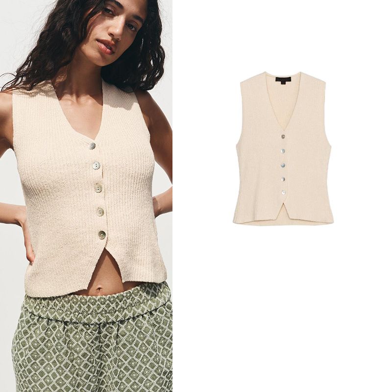 Summer New Product Women's Clothes Minimalist Style Decorated Row Button Fashionable Knitted V Neck Sleeveless Vest Style Tops 6771063