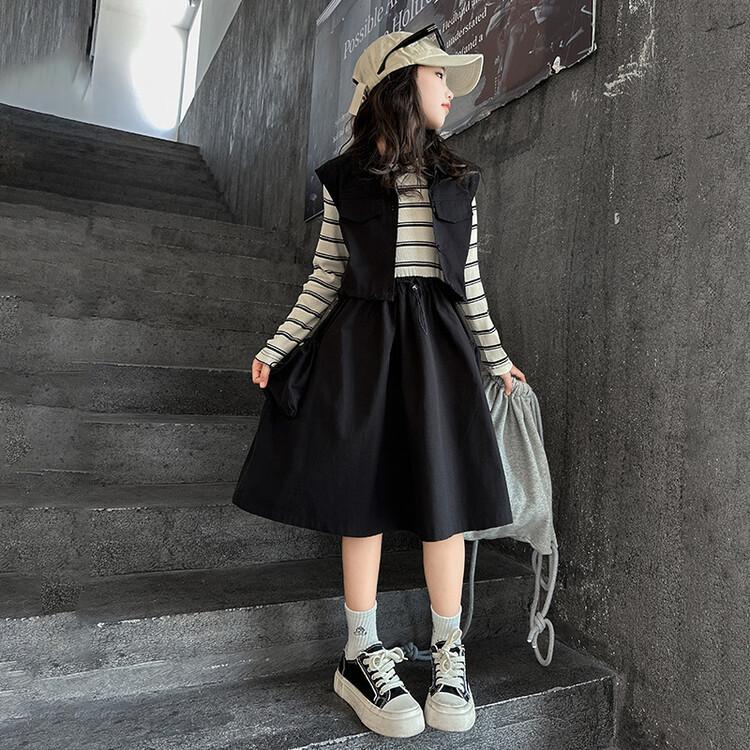 Girls Dress Set Spring Autumn Children's Long-sleeved Striped Dress and Vest Suits Fashion Splicing Kids Clothes Outfits