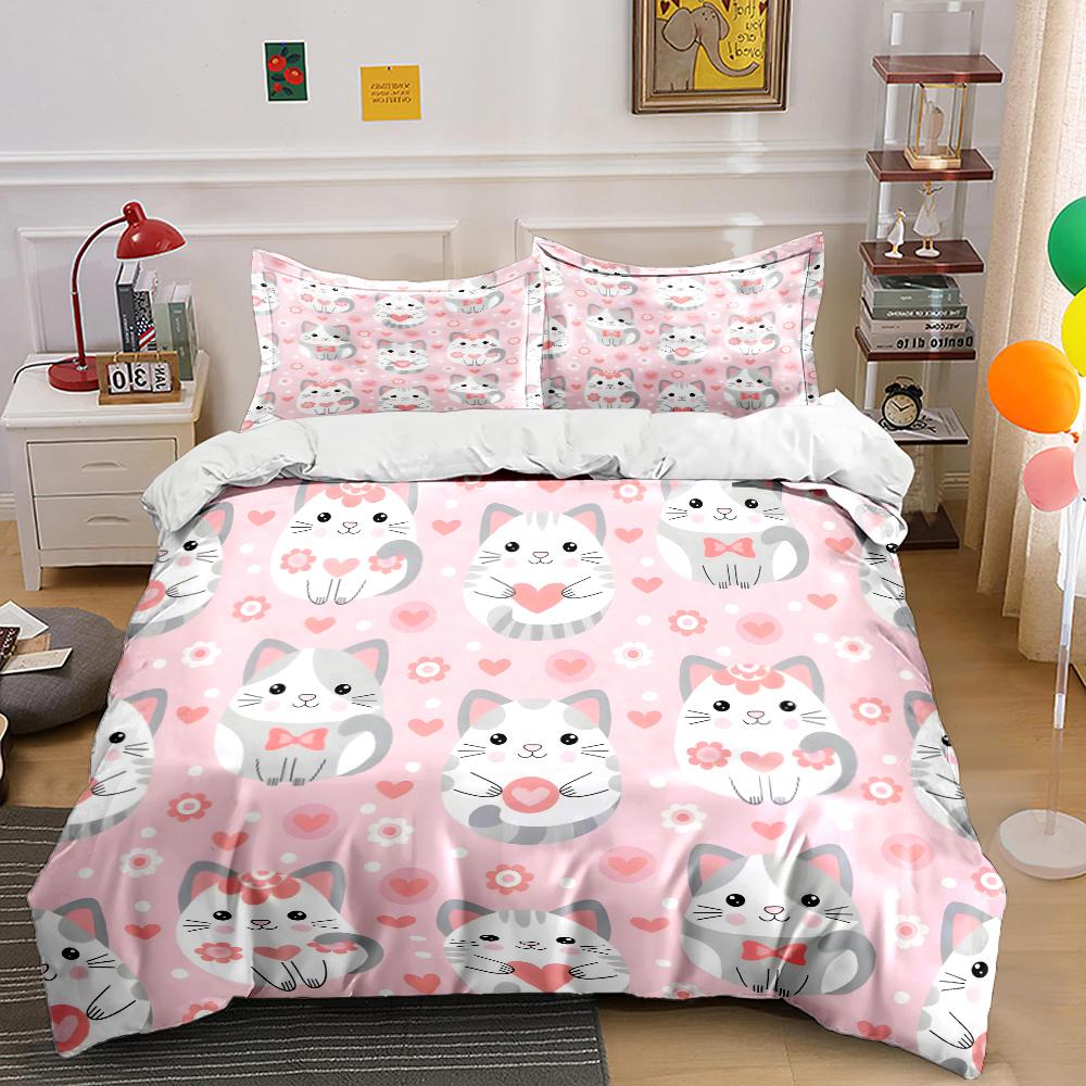 Cute cats with heart patterns Bedding Set for Kids Luxury Gift 3pcs Digital Print Comforter Set Soft Comfortable Breathable