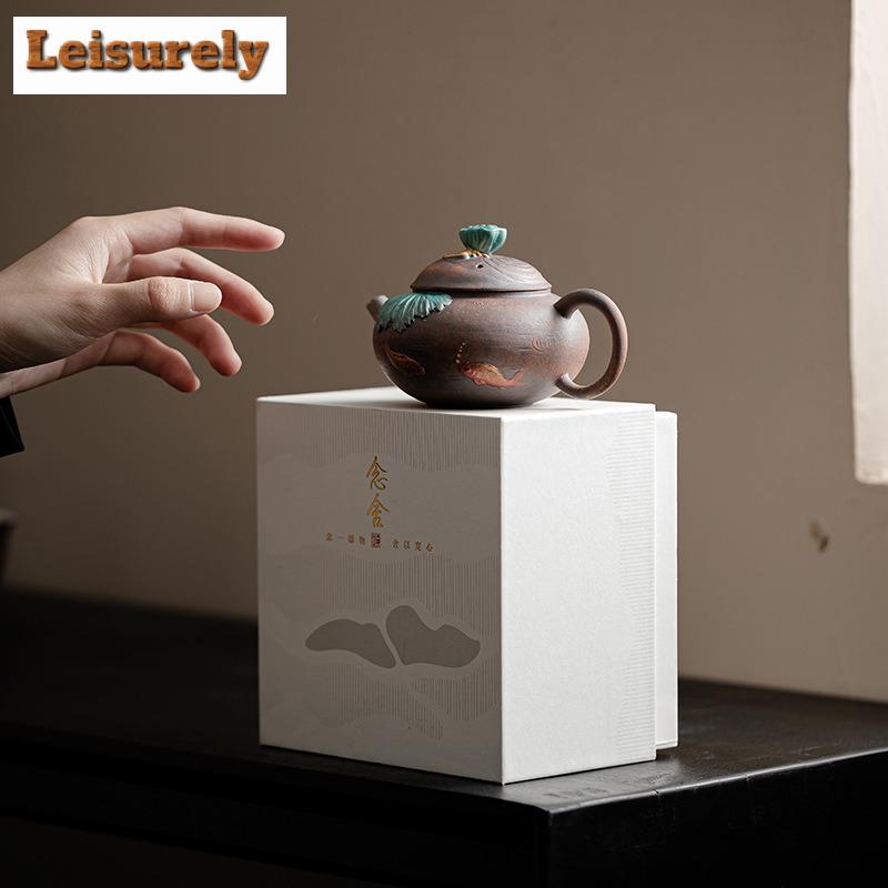 150ML Lotus Koi Fish Old Rock Mud Teapot Aesthetic Tea Infuser Pot Tea Maker Kettle With Filter Tea Services Supplies Craft Gift