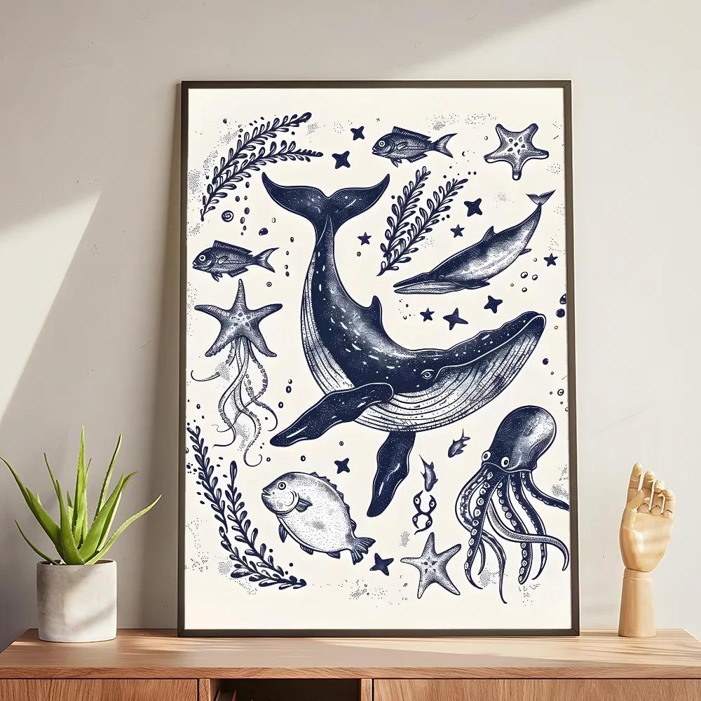 Whale and Shark Seashells Turtles Octopus Fish Marine Life Ocean Animals Poster and Print Canvas Painting  Wall Art Home Living Room