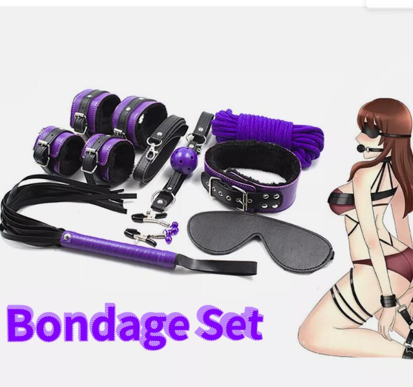 Sex Bondage Kit 8 Pcs Pueple Adult Games Set Handcuff Footcuff Whip Rope Blindfold Erotic Toys SM Cosplay Products for Men Women