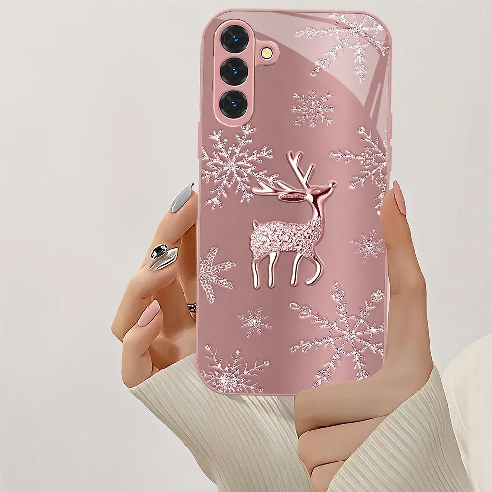 Deer Snowflake Metallic Glass Phone Case Suitable for Samsung Galaxy S26 S25 S24 S22 S21 S20 FE/Ultra/Plus Shock resistant