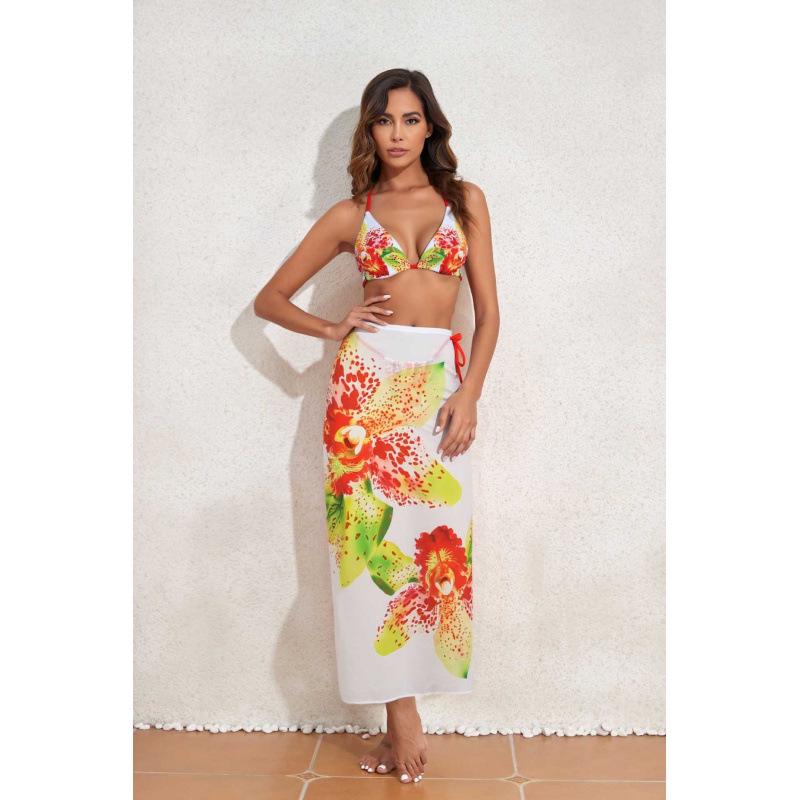 2026 Europäisches & Amerikanisches Bedrucktes Rückenfreies Bikini-Set mit Langem Gaze-Rock - Sexy Dreiteiliger Badeanzug