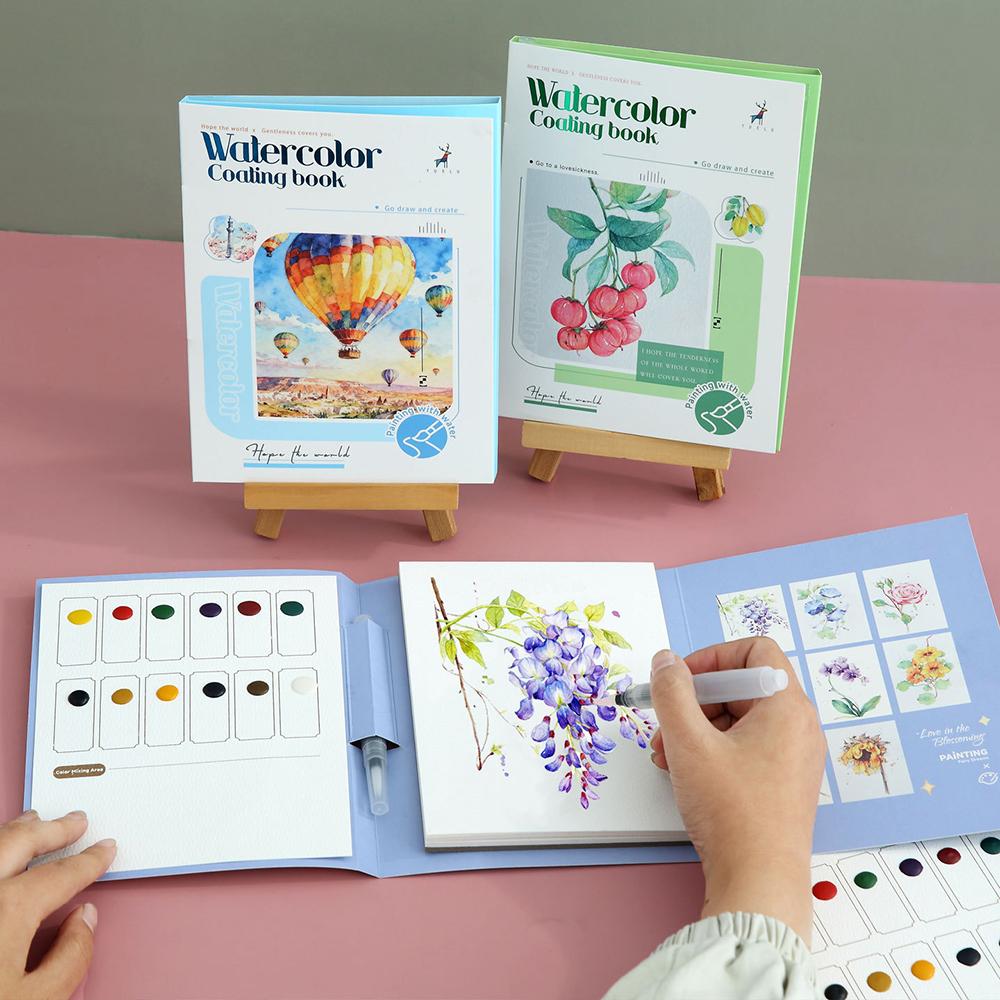 Three fold watercolor coloring book with built-in pigments, adult decompression DIY portable coloring watercolor drawing book