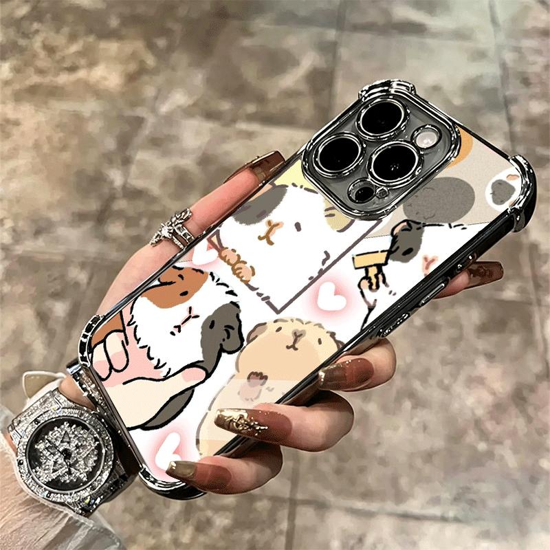Cartoon Cute Hamster Plating Phone Case For Iphone 16 17 Pro Max Air 16E 14 15 Plus 12 13 Mini Anti-Fall Airabag Cover