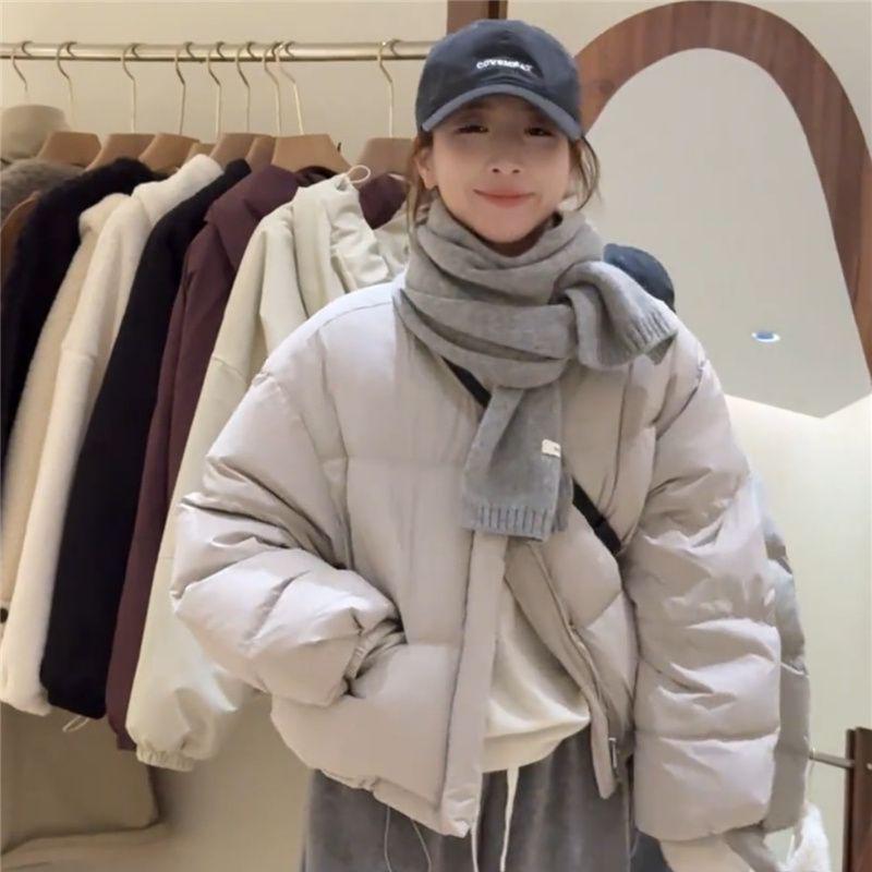 Women's Short White Duck Down Puffer Jacket, Autumn/Winter Korean Style, Loose Fit, Small Size Bread Coat Outerwear